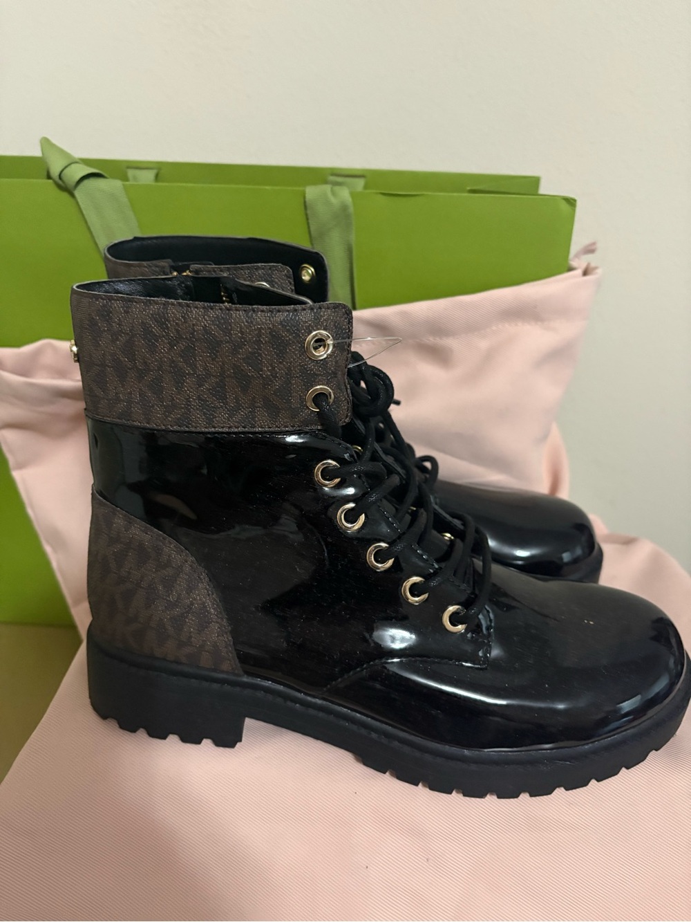 Michael Kors Black Patent Lace-Up Ankle Boots with Brown Logo Trim